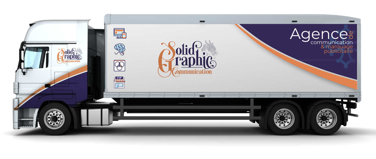Maquette de marquage de poids lourd Solid Graphic Communication violet, blanc et orange